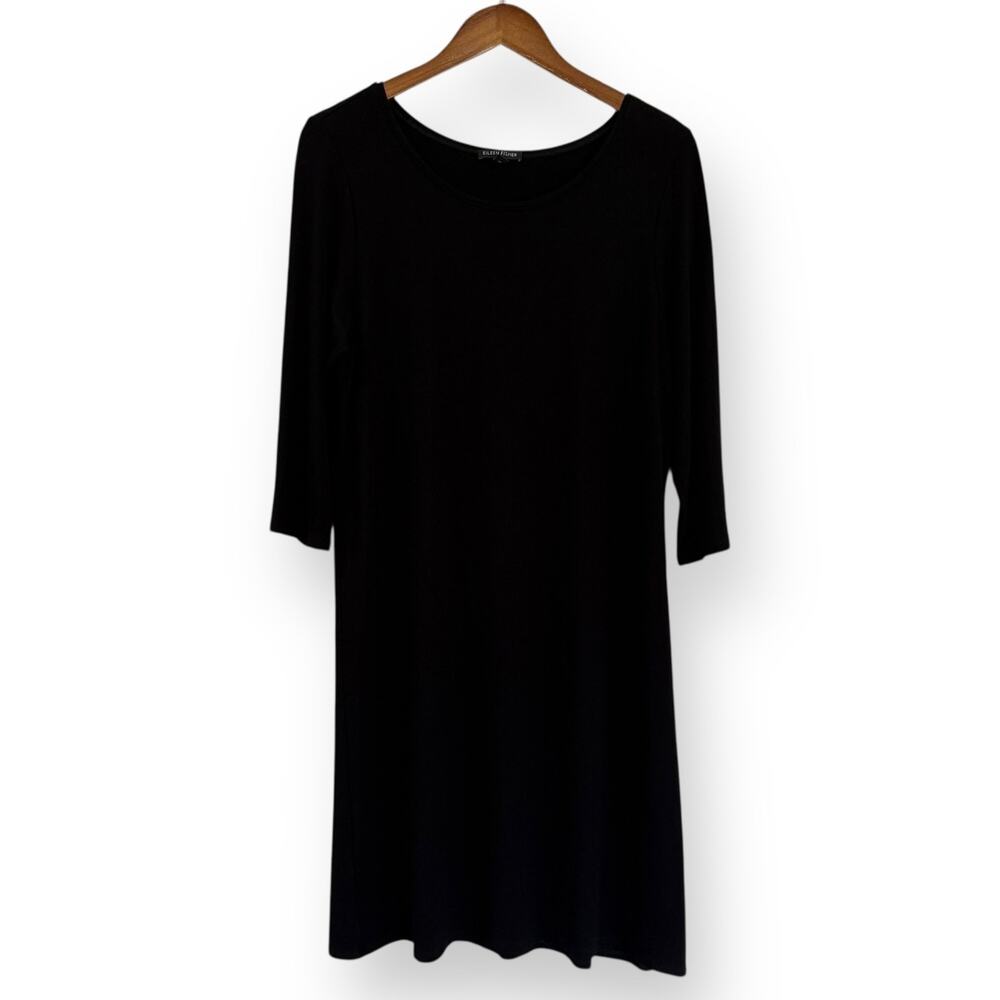 Eileen Fisher Black Jersey Knit Dress M 3/4 Sleeve Scoop Neck A-Line Minimalist